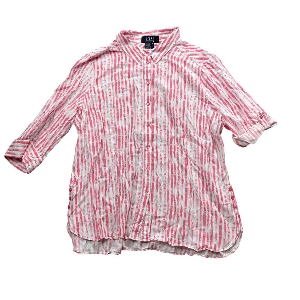 FDJ French Dressing 14 Pink White Striped Roll Tab Sleeve Blouse‎ 100% Viscose
